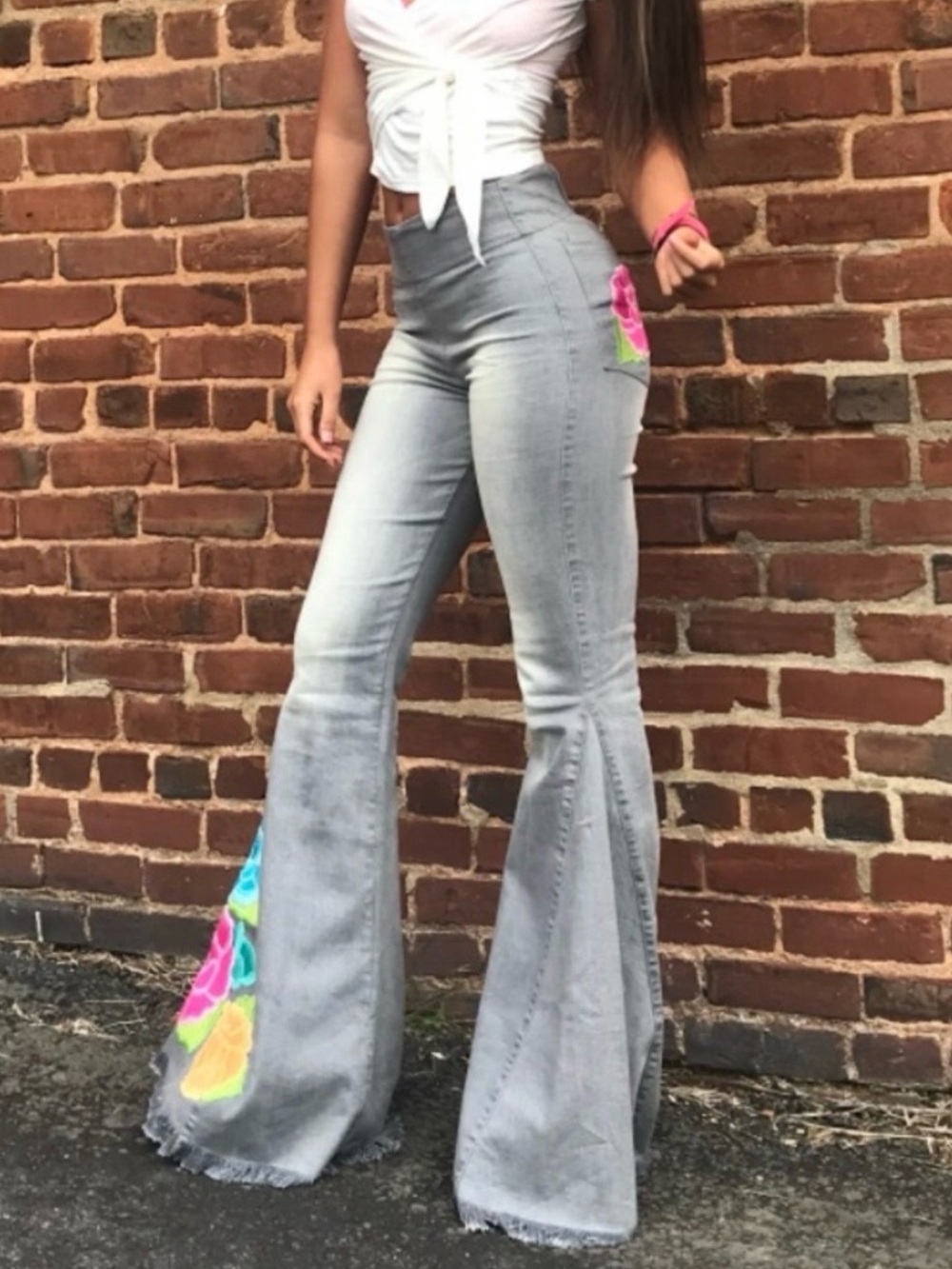 {JUDITH MARCH} Light Gray Flare Bellbottom Fringe Jeans with Neon Floral Accents